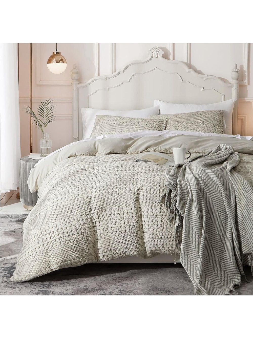 NWOT Ivellow Waffle Weave Duvet Cover Set 100% Cotton Textured Khaki 104"x90"